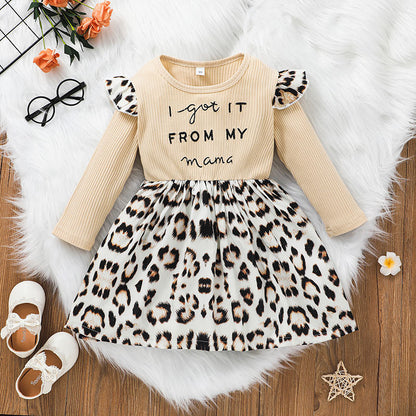 European And American Girls Letter Long Sleeve Dress Leopard Print