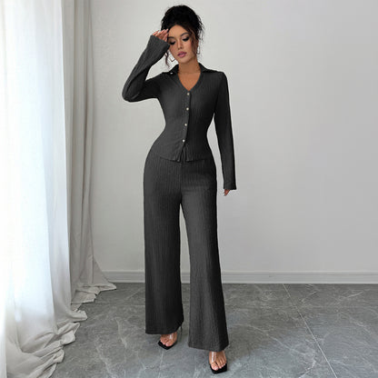 Button Shirt Wide-leg Pants Suit For Women
