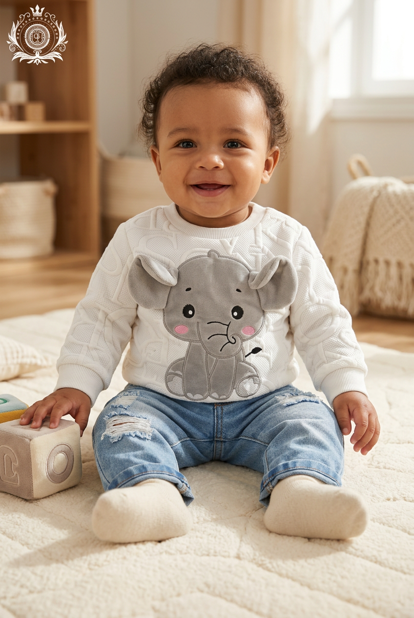 Baby boy wearing the elephant sweatshirt and denim pants