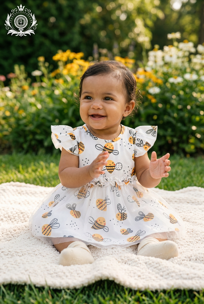 Baby girl in bee-print dress in a flower garden