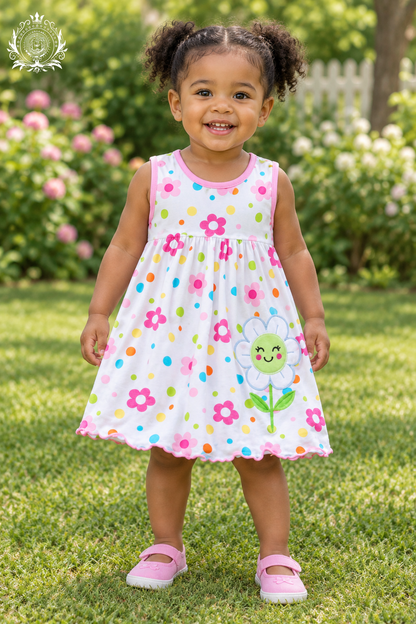 Baby girl wearing the colorful flower-print dress