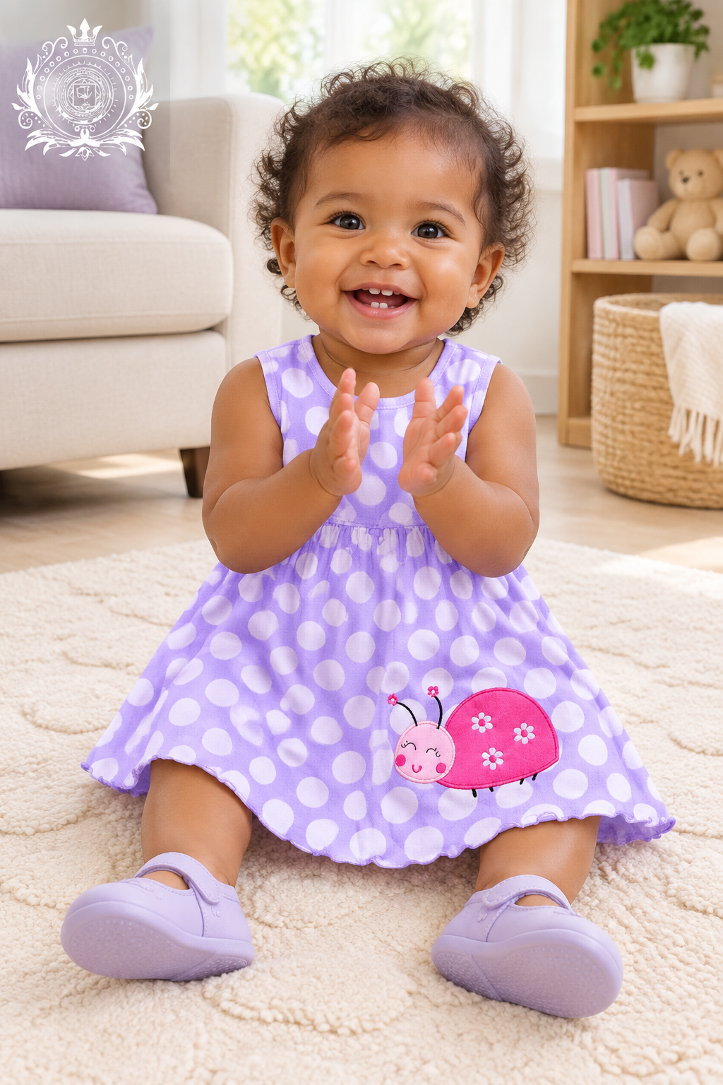 Baby girl wearing the lavender polka-dot ladybug dress