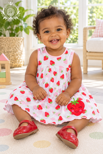 Baby girl wearing the strawberry-print dress