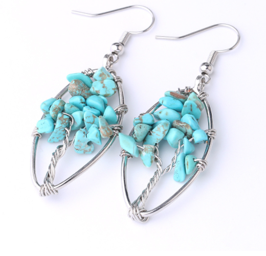 Natural Crystal Crushed Stone Earrings Handmade Tree Of Life Women's Turquoise