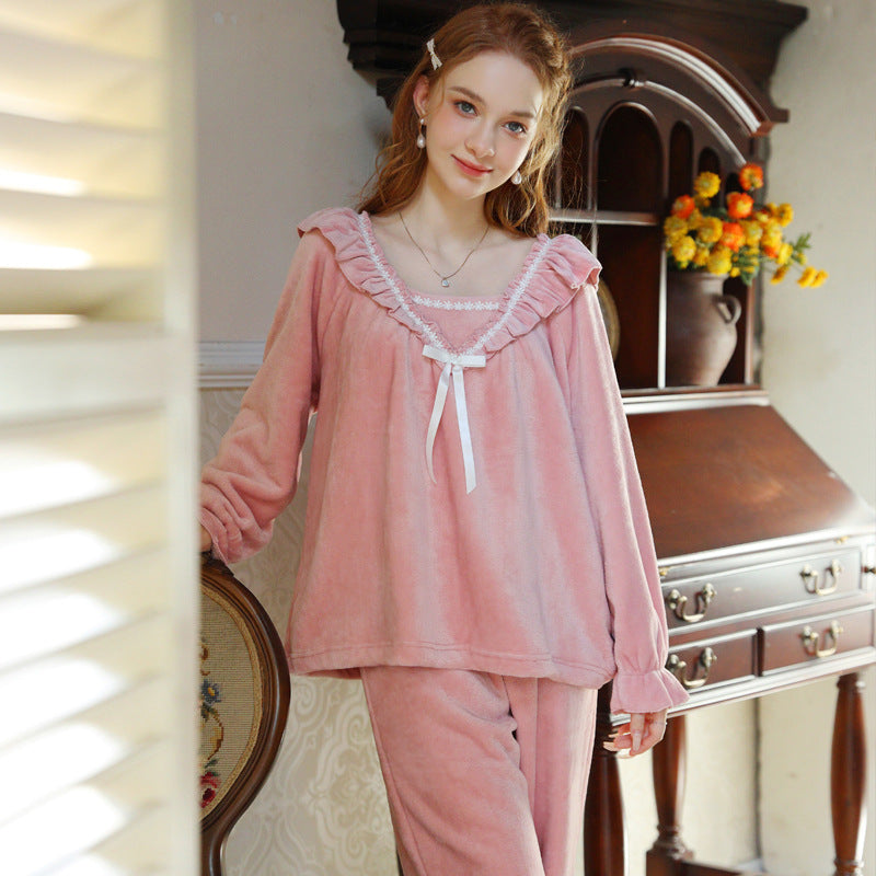 AutumnWinter Princess-Style Fleece-Lined Extra-Thick Pajama Set