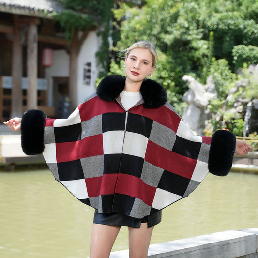Fashion Autumn And Winter Imitation Fur Thickened Plaid Coat Knitted All-matching Fur Shawl