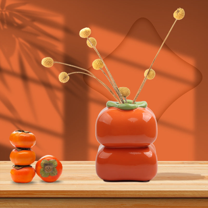 1pc Spring New Year New Chinese Persimmon Vase Flower Arrangement Pen Holder Ceramic Sculpture Means Everything Is Satisfactory