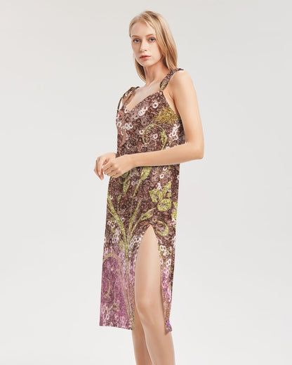 BEAUTIFUL PURPLE GITTER DESIGN CREATED BY FLIPSTYLEZ Women's All-Over Print Tie Strap Split Dress