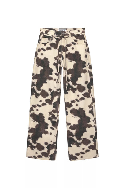 Womens Retro Washed Denim Jeans With Cow Print