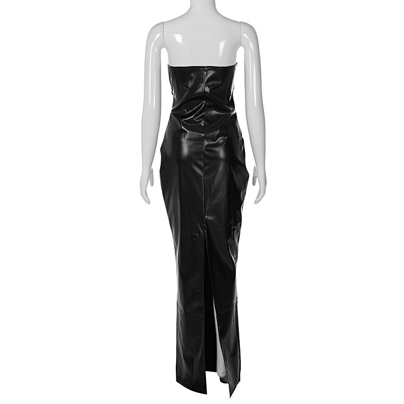 New Fashion Solid Color PU Leather Tube Top Dress