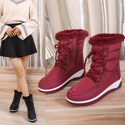 Large High Top Cotton Boots Women's Plush Front Lace Up Side Zipper