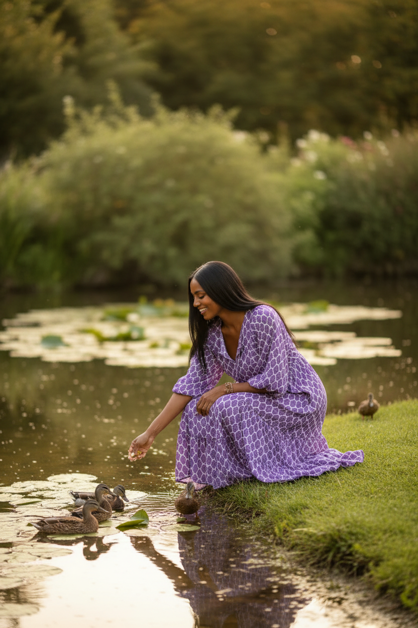 Beautiful Brown Skin Woman Feeding Ducks by the Pond in Purple Bohemian Dress