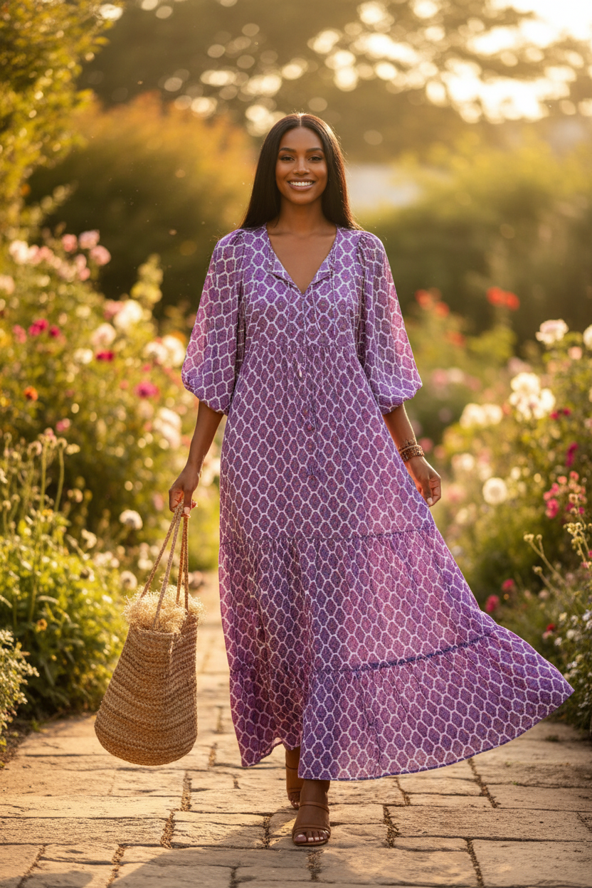 Beautiful Brown Skin Woman in Purple Geometric Bohemian Dress