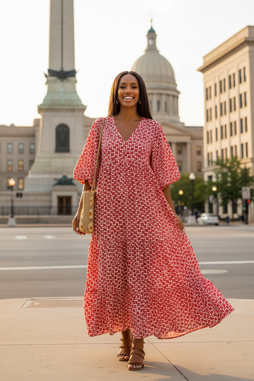 Beautiful Brown Skin Woman in Red Bohemian Dress - Indianapolis