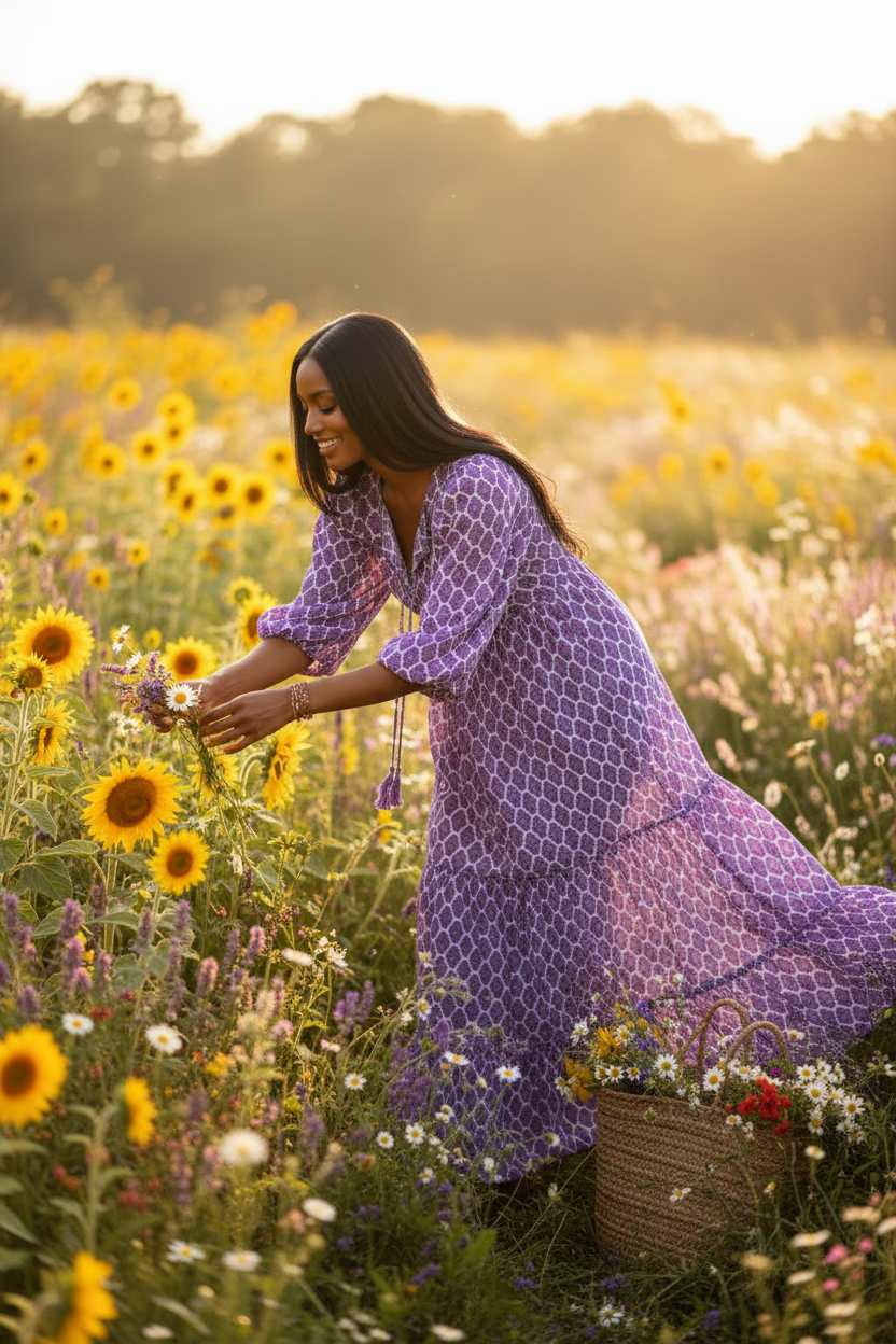 Beautiful Brown Skin Woman Picking Flowers in Purple Bohemian Dress