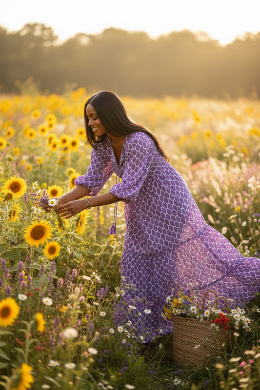 Beautiful Brown Skin Woman Picking Flowers in Purple Bohemian Dress