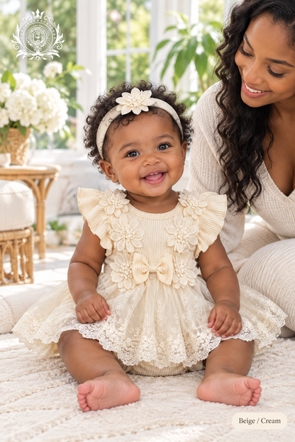 Beige cream floral romper baby lifestyle