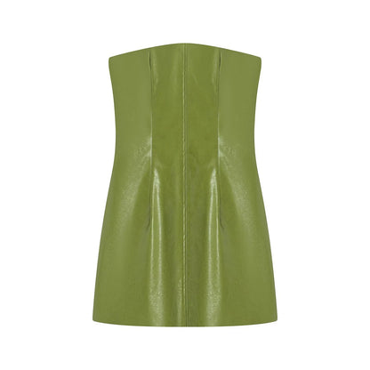 Retro Sexy PU Leather Jacket Strapless Dress Suit