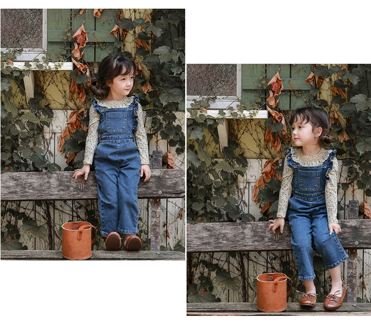 Children Girl Lotus Shoulder Denim Jumpsuit
