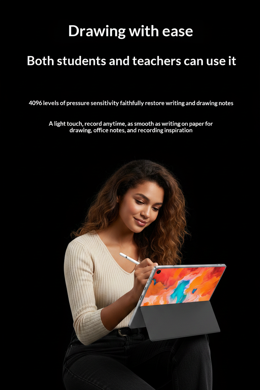 Bi-racial college student drawing on tablet with original ad text