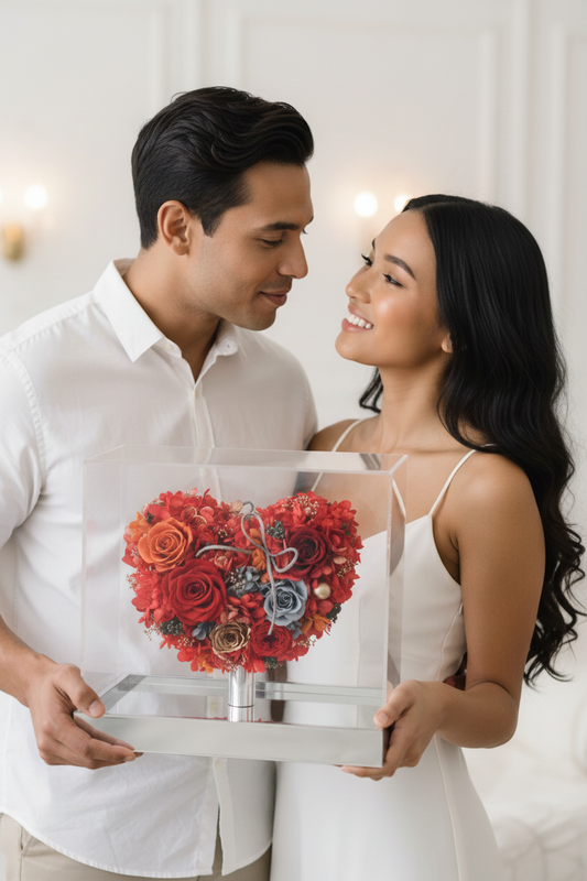 Bi-Racial Couple with Red Rose Heart Gift