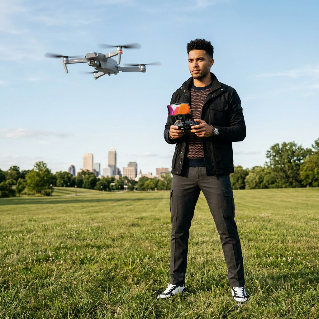 Bi-Racial Man Flying Folding Drone - Indianapolis Field