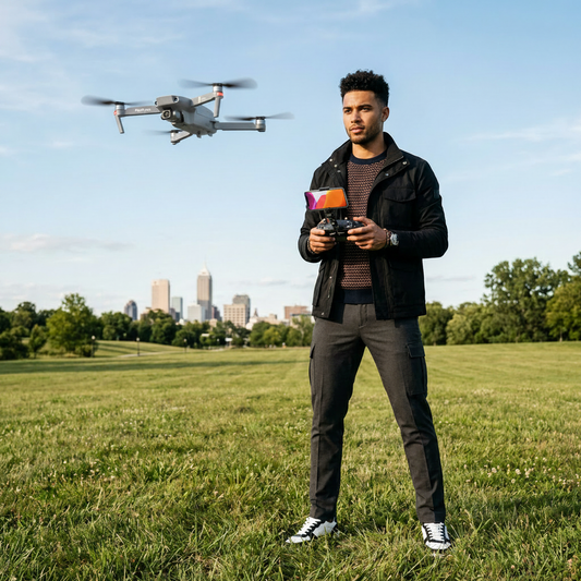 Bi-Racial Man Flying Folding Drone - Indianapolis Field