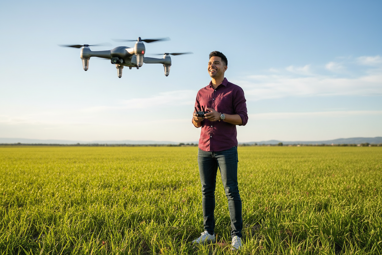Bi-Racial Man in Dark Purple Shirt Flying Drone