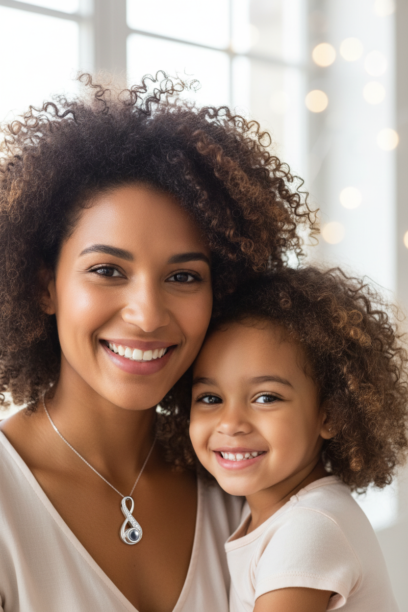 Bi-racial Mother and Daughter with Infinity Pendant