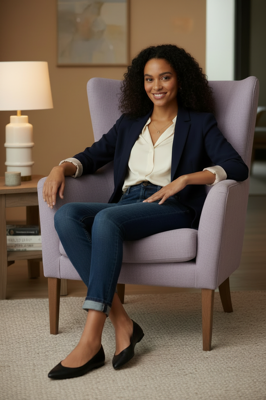Bi-racial woman in light purple chair wearing black flat shoes