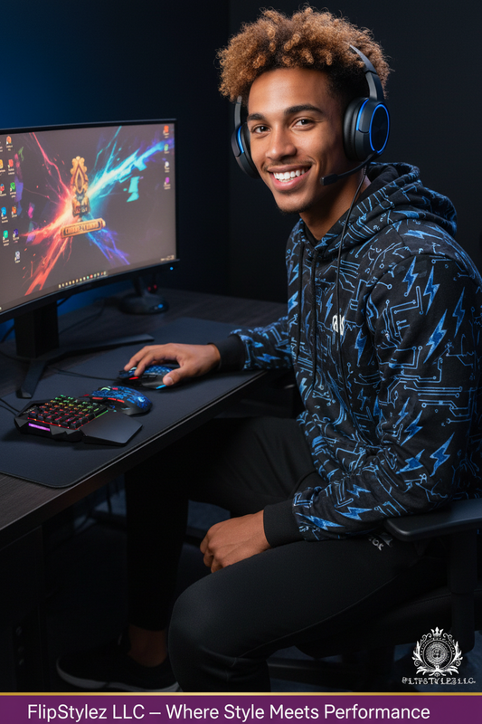 Biracial Smiling Gamer Guy V100 One-Handed Rainbow Keyboard Dark Setup
