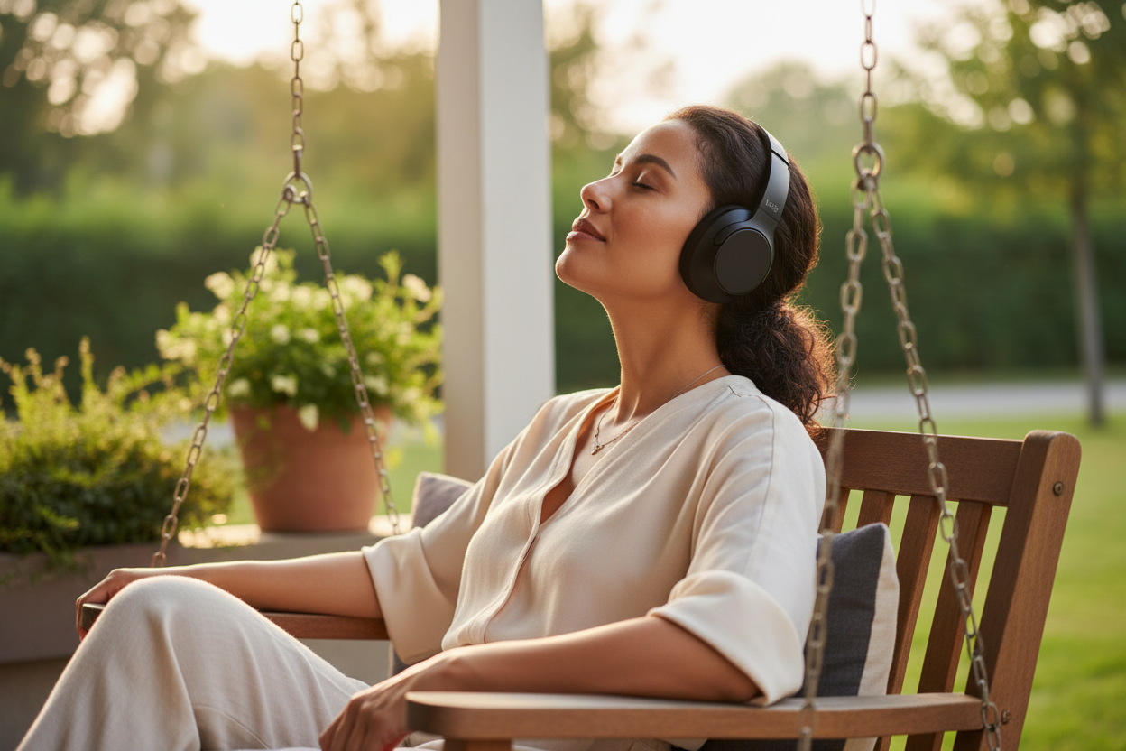 Biracial Woman on Porch Swing Wearing M98 Black Headphones