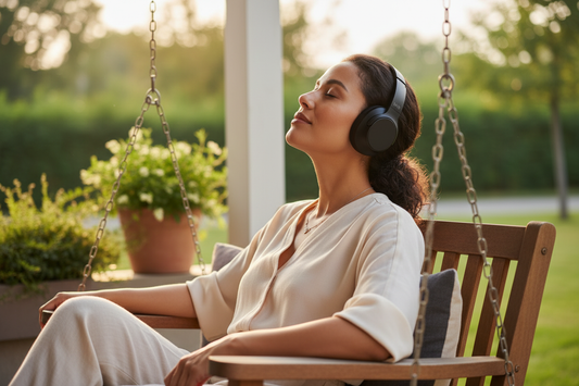 Biracial Woman on Porch Swing Wearing M98 Black Headphones