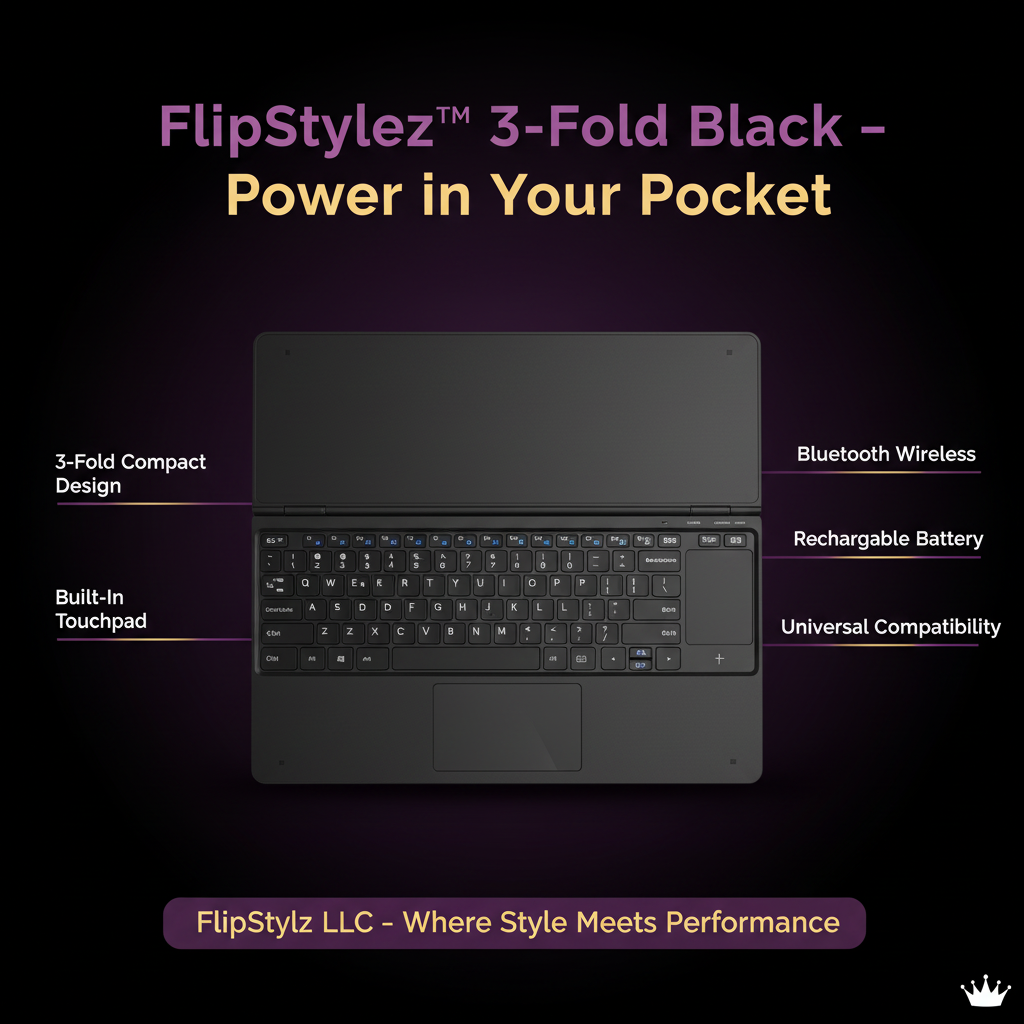 Black 3-Fold Keyboard Hero Ad Dark Purple Background Feature Callouts Power in Your Pocket