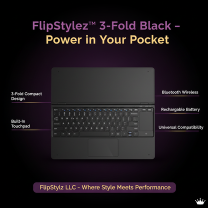 Black 3-Fold Keyboard Hero Ad Dark Purple Background Feature Callouts Power in Your Pocket