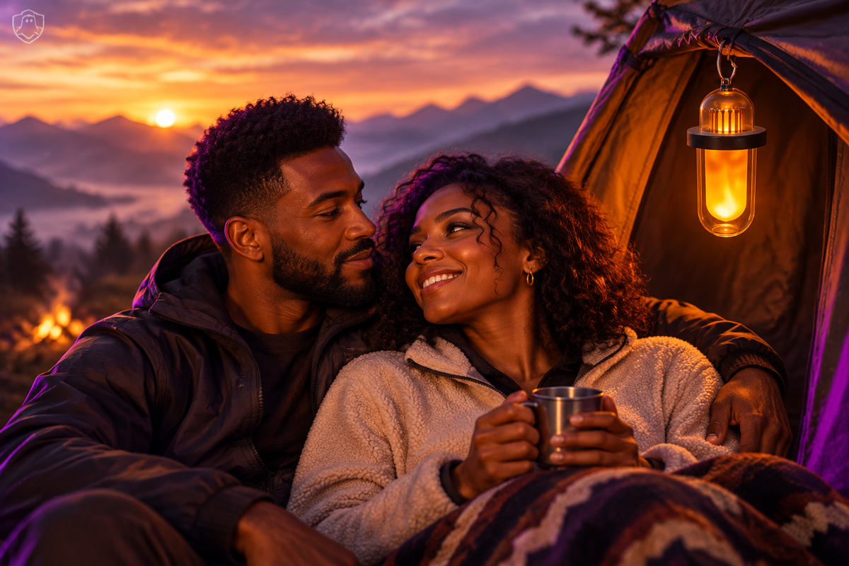Black American couple at campsite with lantern