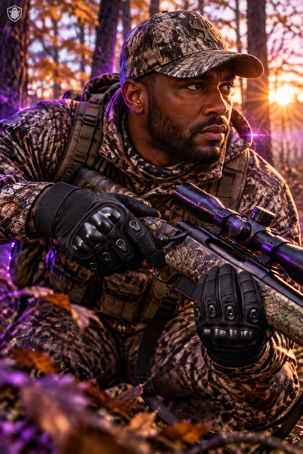 Black American man hunting with black tactical gloves