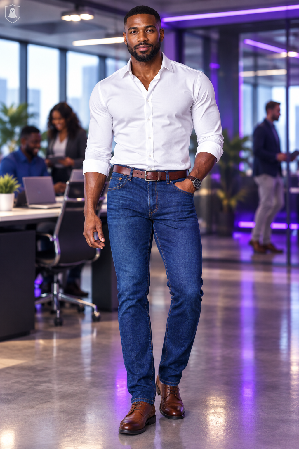 Black American man in office wearing blue jeans