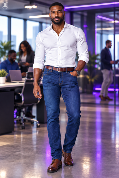 Black American man in office wearing blue jeans