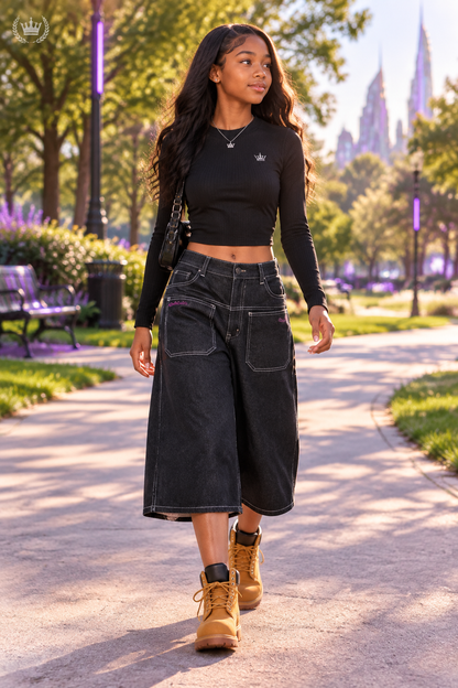 Black American teen in park wearing Y2K denim shorts