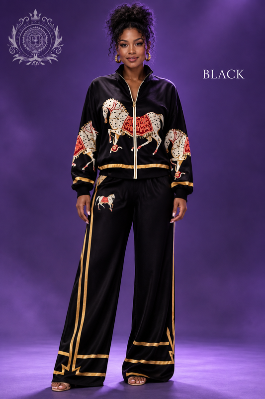 Black horse-print outfit model