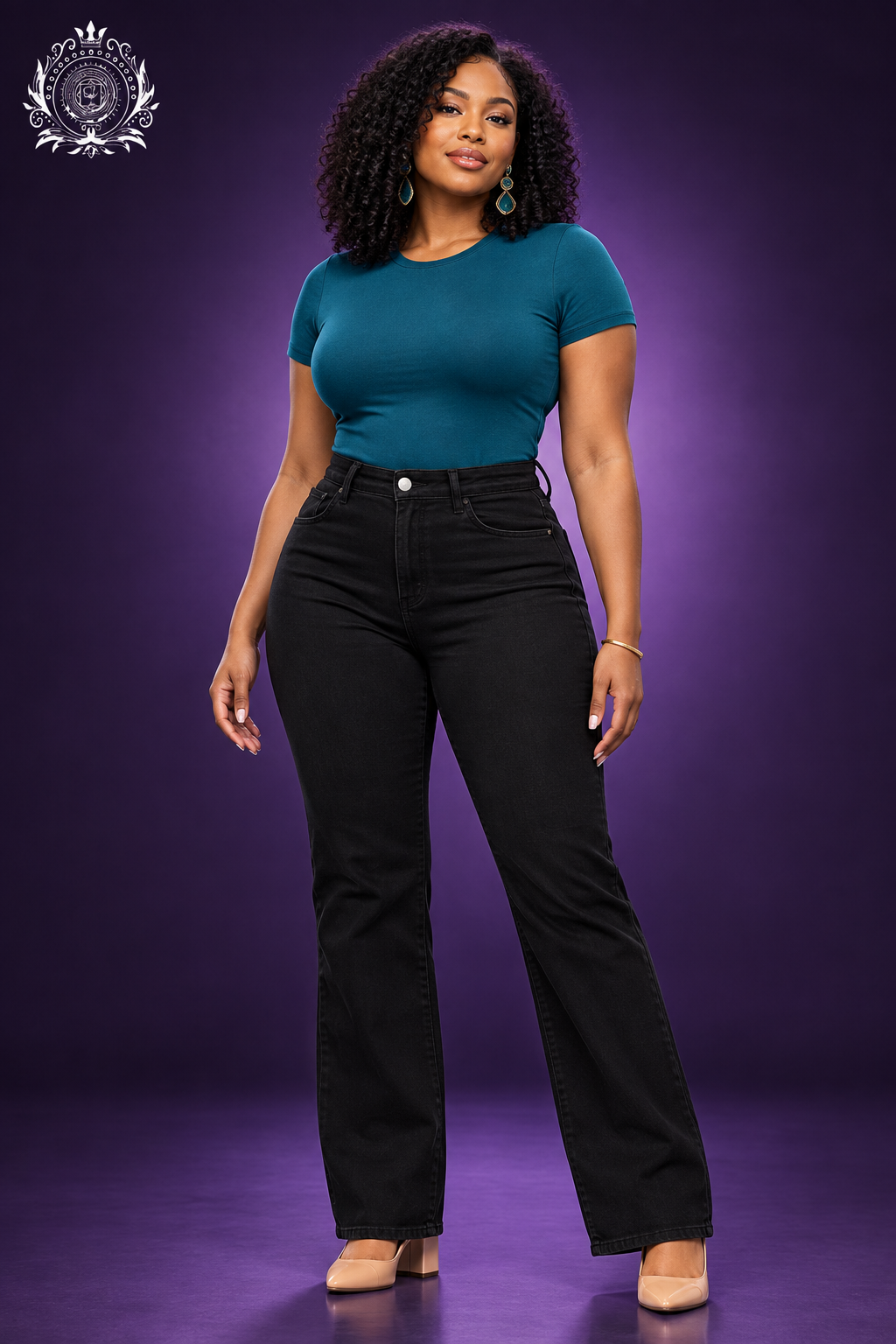 Black jeans with teal top and block heels