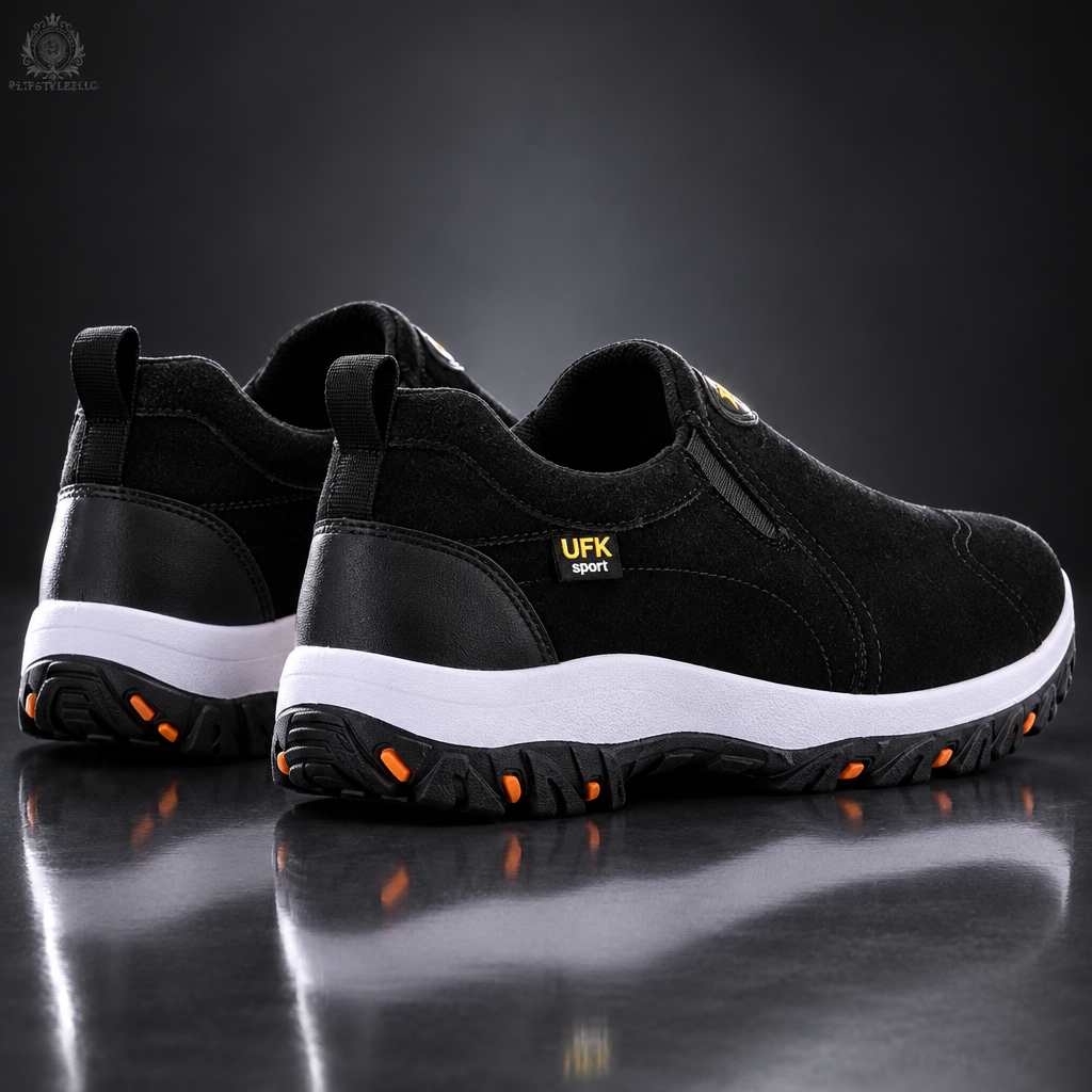 Black men’s shoes in a charcoal reflective studio