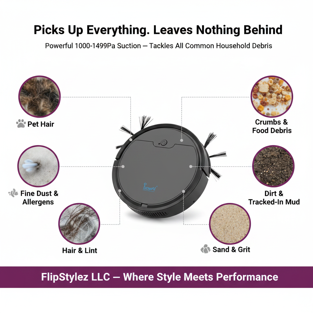 Black OB8S Robot Vacuum Debris Type Feature Infographic