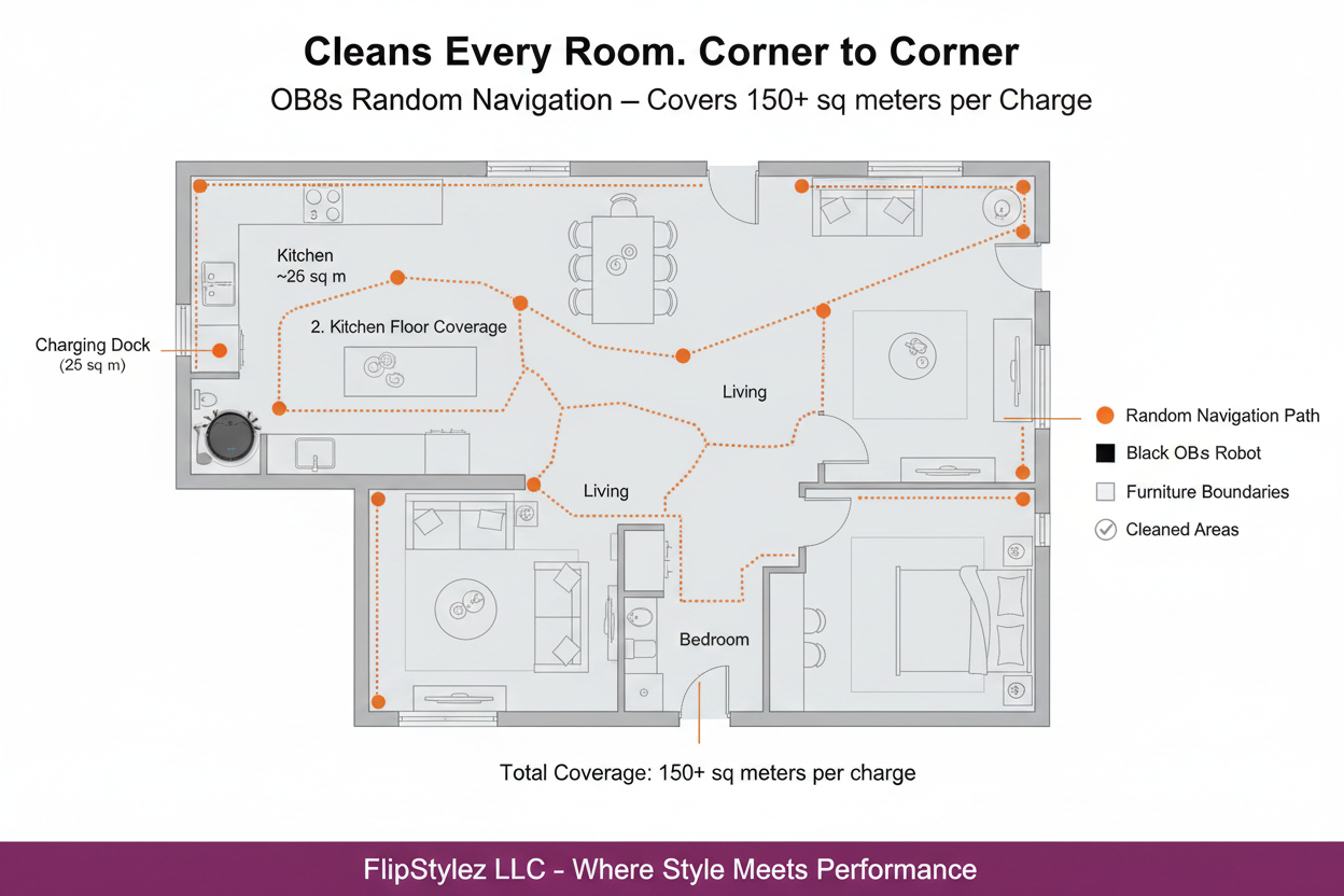 Black OB8S Robot Vacuum Full Home Floor Plan Cleaning Path Diagram
