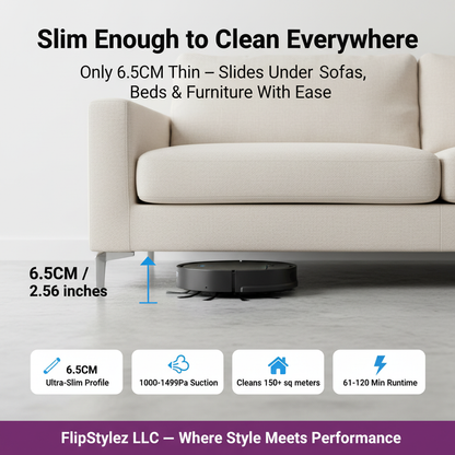 Black OB8S Robot Vacuum Ultra-Slim Size Spec Ad