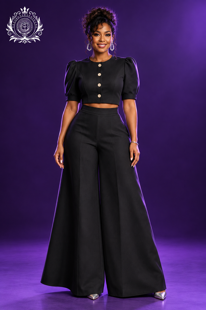 Black puff-sleeve pants set model