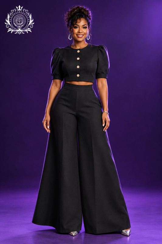 Black puff-sleeve pants set model