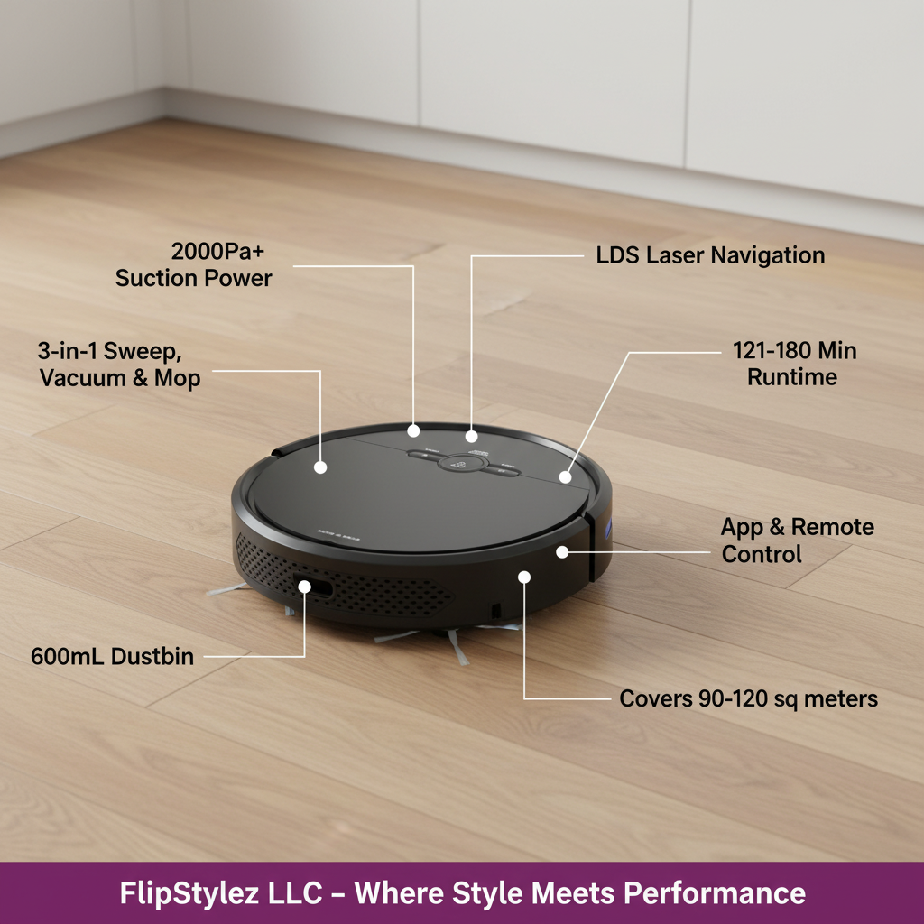 Black Robot Vacuum on Kitchen Floor Feature Graphic