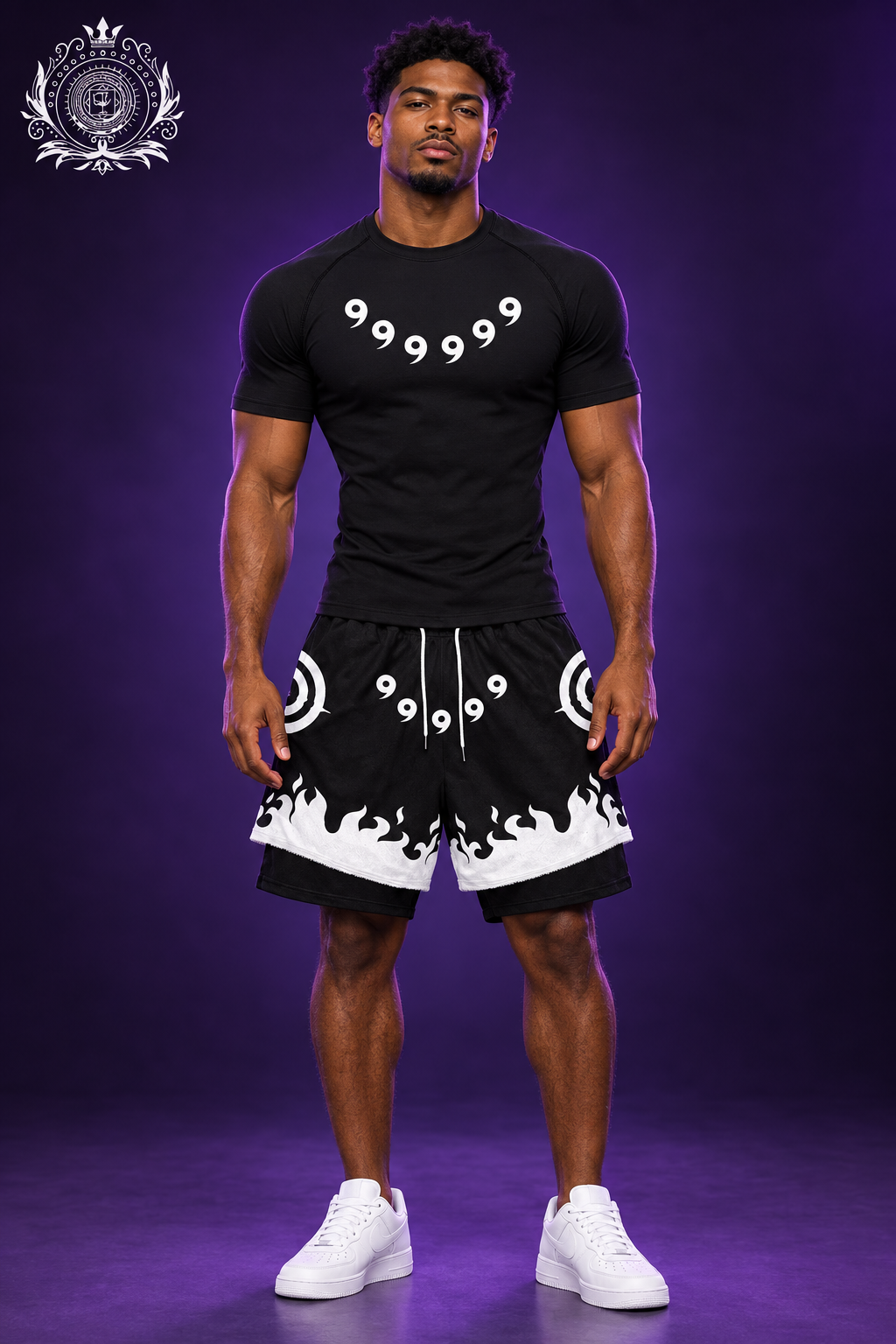 Black shirt and black flame shorts model